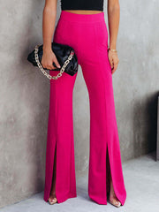 Front slit flare leg pants, fashion style.