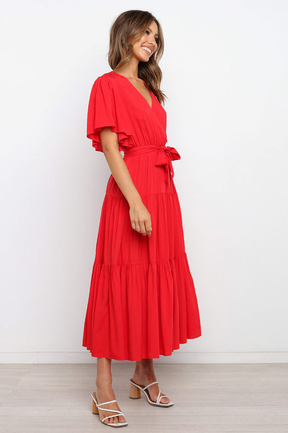 Front Tie Short Sleeve Tiered Midi Dress.