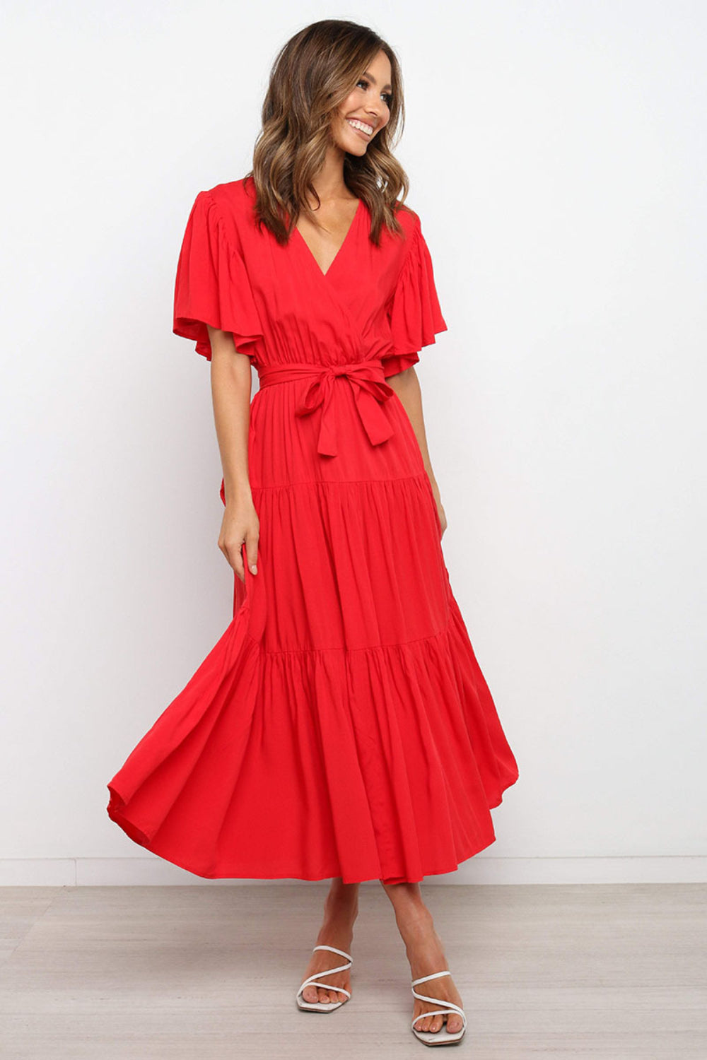 Front Tie Short Sleeve Tiered Midi Dress.