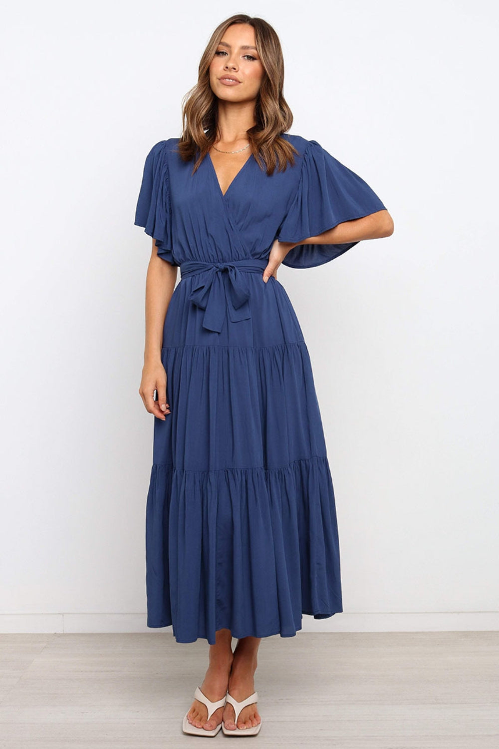Front Tie Short Sleeve Tiered Midi Dress.