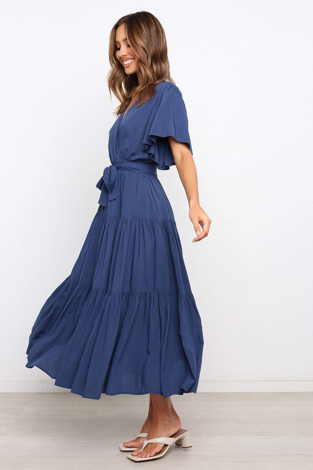 Front Tie Short Sleeve Tiered Midi Dress.