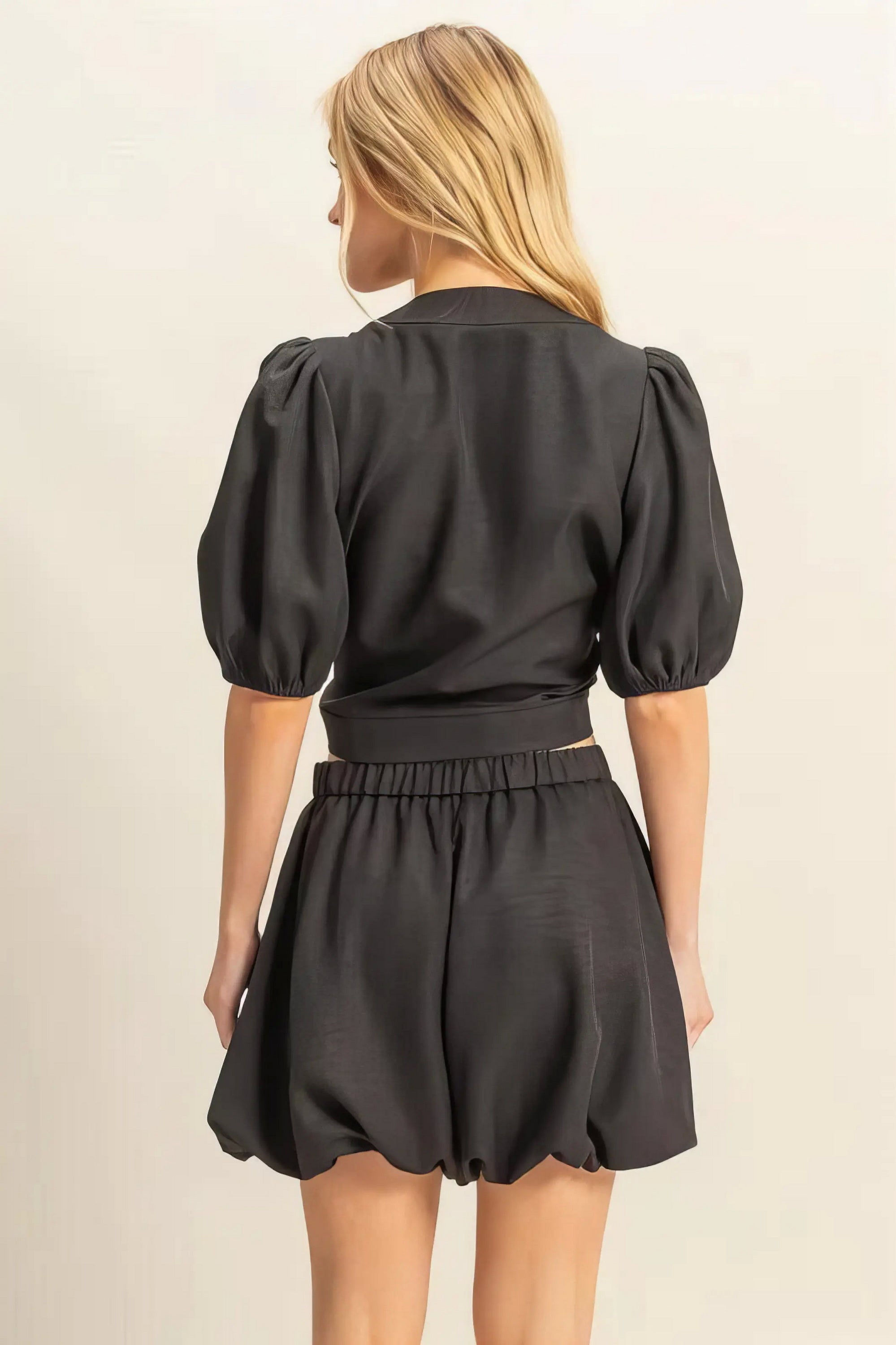 front tie top and bubble hem shorts set, playful women's summer outfit, cute two-piece set, trendy front tie detail, stylish bubble hem shorts, flirty summer fashion, ideal for warm weather fun
