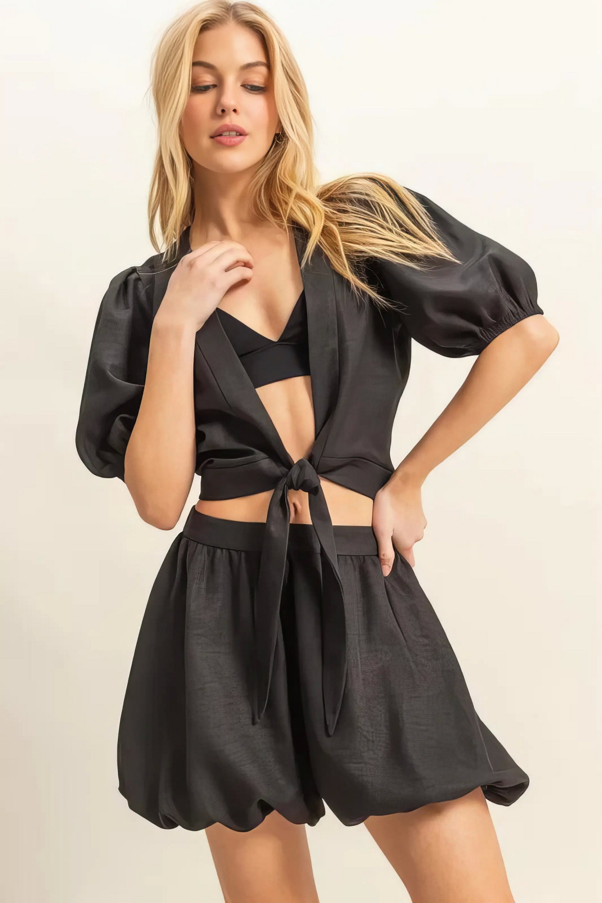 front tie top and bubble hem shorts set, playful women's summer outfit, cute two-piece set, trendy front tie detail, stylish bubble hem shorts, flirty summer fashion, ideal for warm weather fun