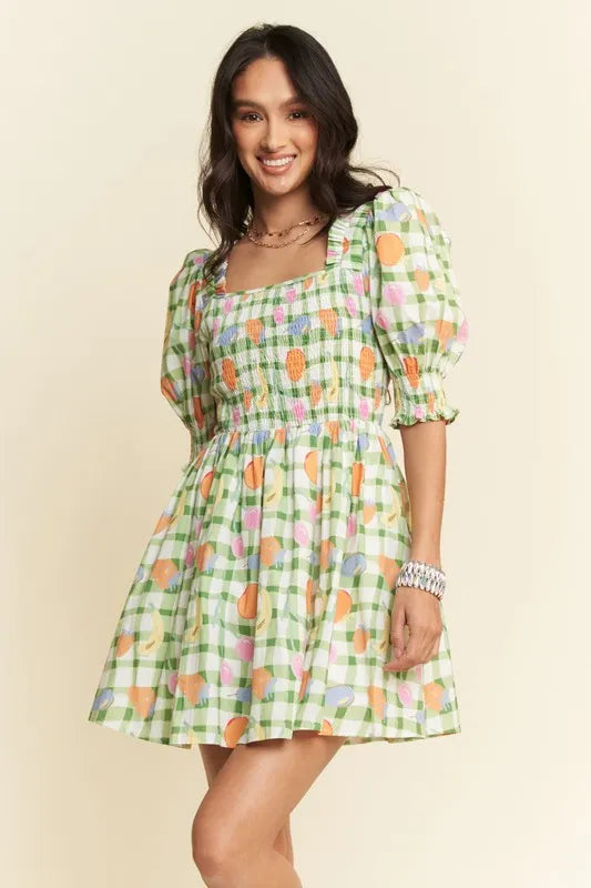 Davi & Dani Fruits Printed Smocking Mini Dress.