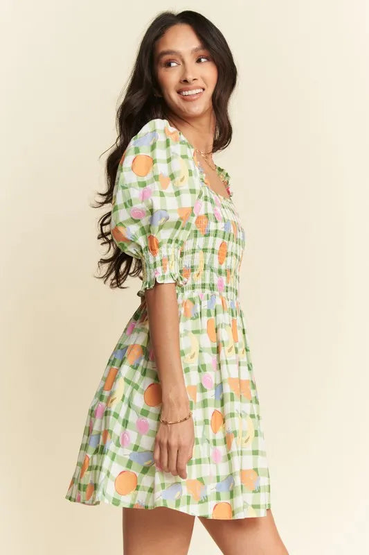 Davi & Dani Fruits Printed Smocking Mini Dress.