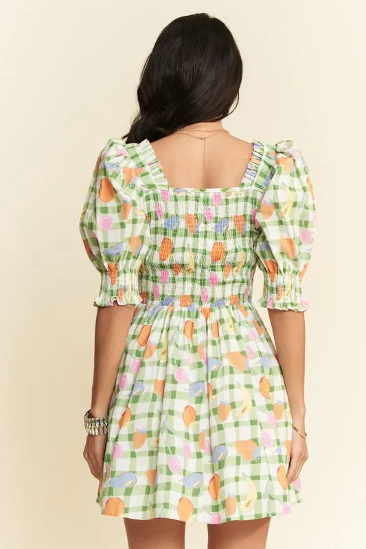 Davi & Dani Fruits Printed Smocking Mini Dress.