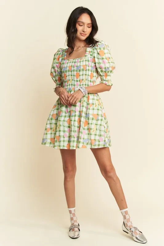 Davi & Dani Fruits Printed Smocking Mini Dress.