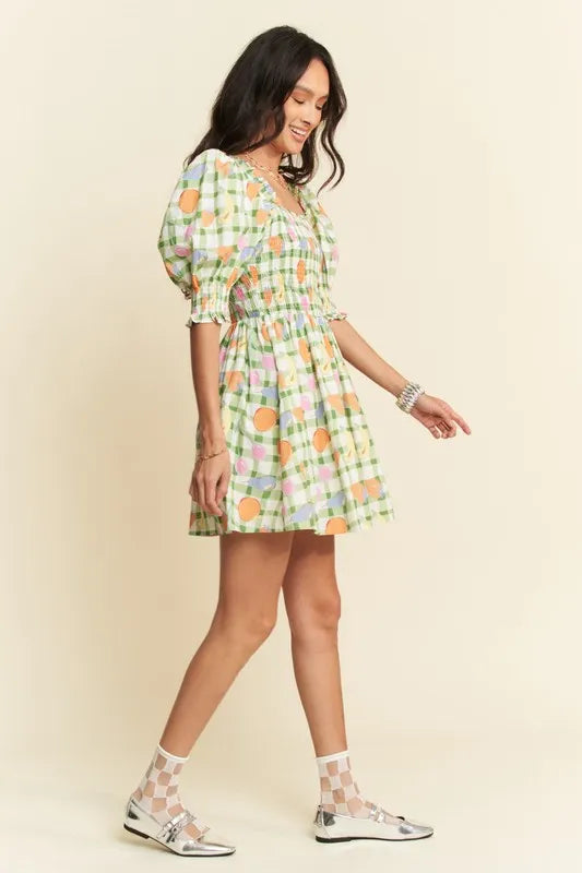 Davi & Dani Fruits Printed Smocking Mini Dress.