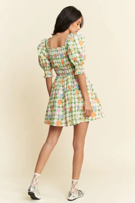 Davi & Dani Fruits Printed Smocking Mini Dress.