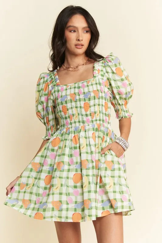 Davi & Dani Fruits Printed Smocking Mini Dress.