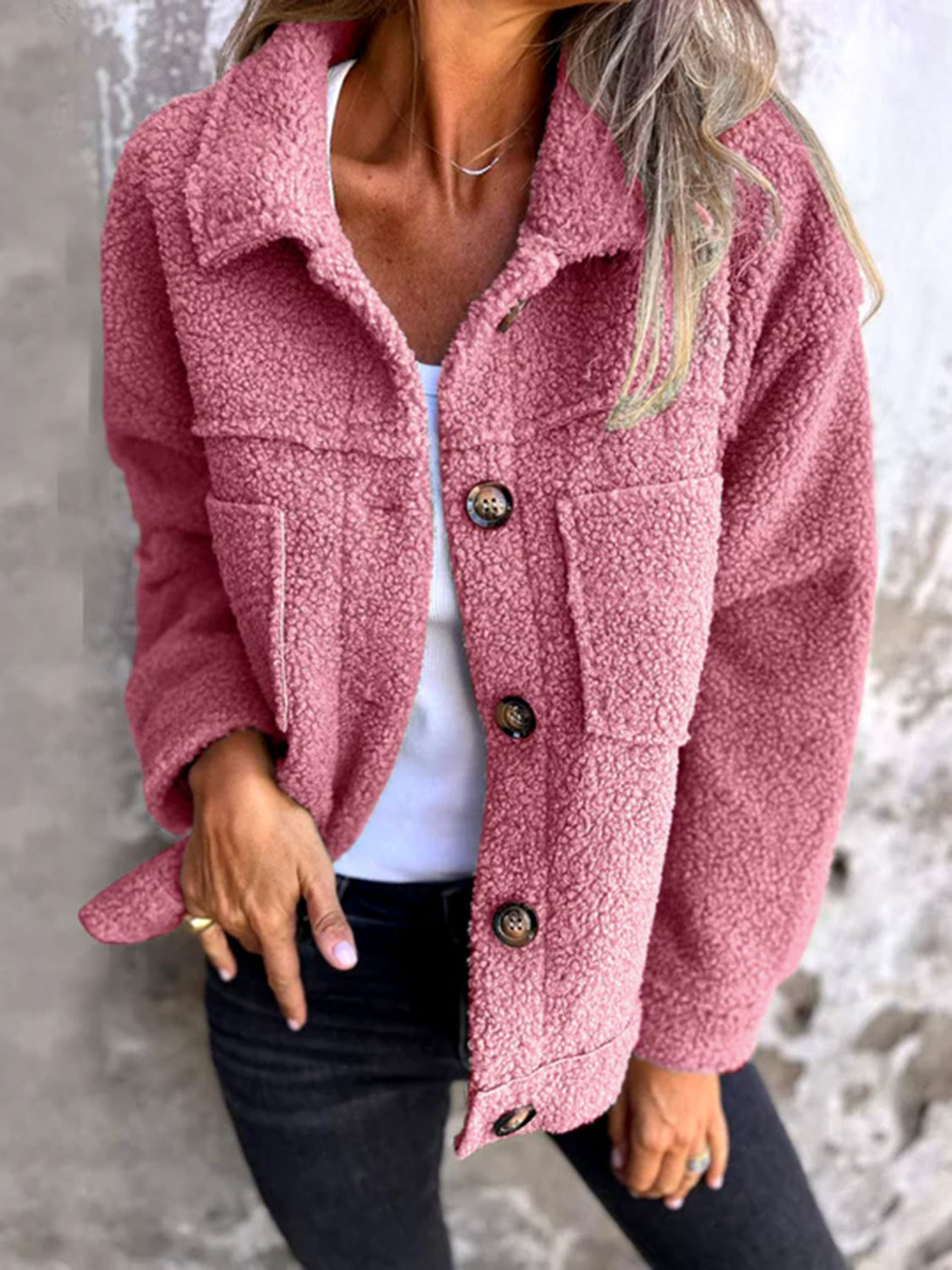 Full size fuzzy button up drop shoulder jacket with pockets.