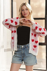 Fuzzy heart button down cardigan with ribbed details.