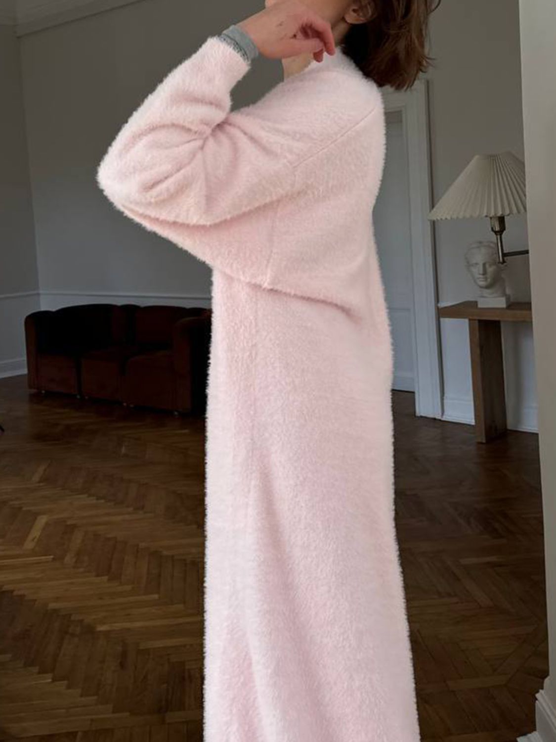 Fuzzy open front solid color cardigan.