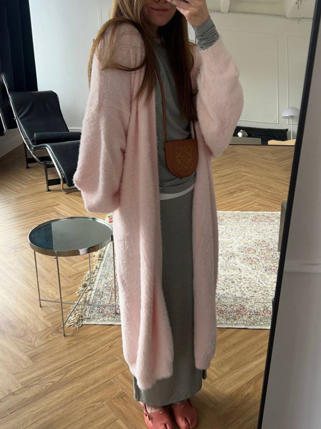 Fuzzy open front solid color cardigan.