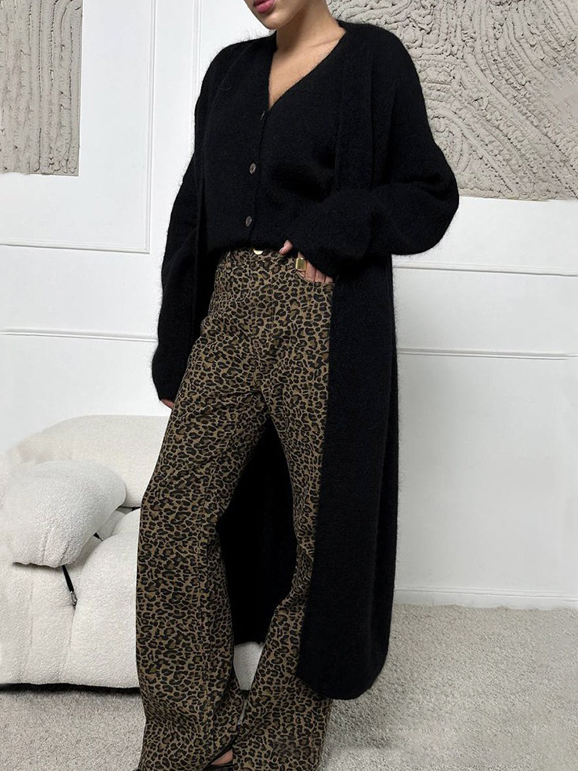 Fuzzy open front solid color cardigan.
