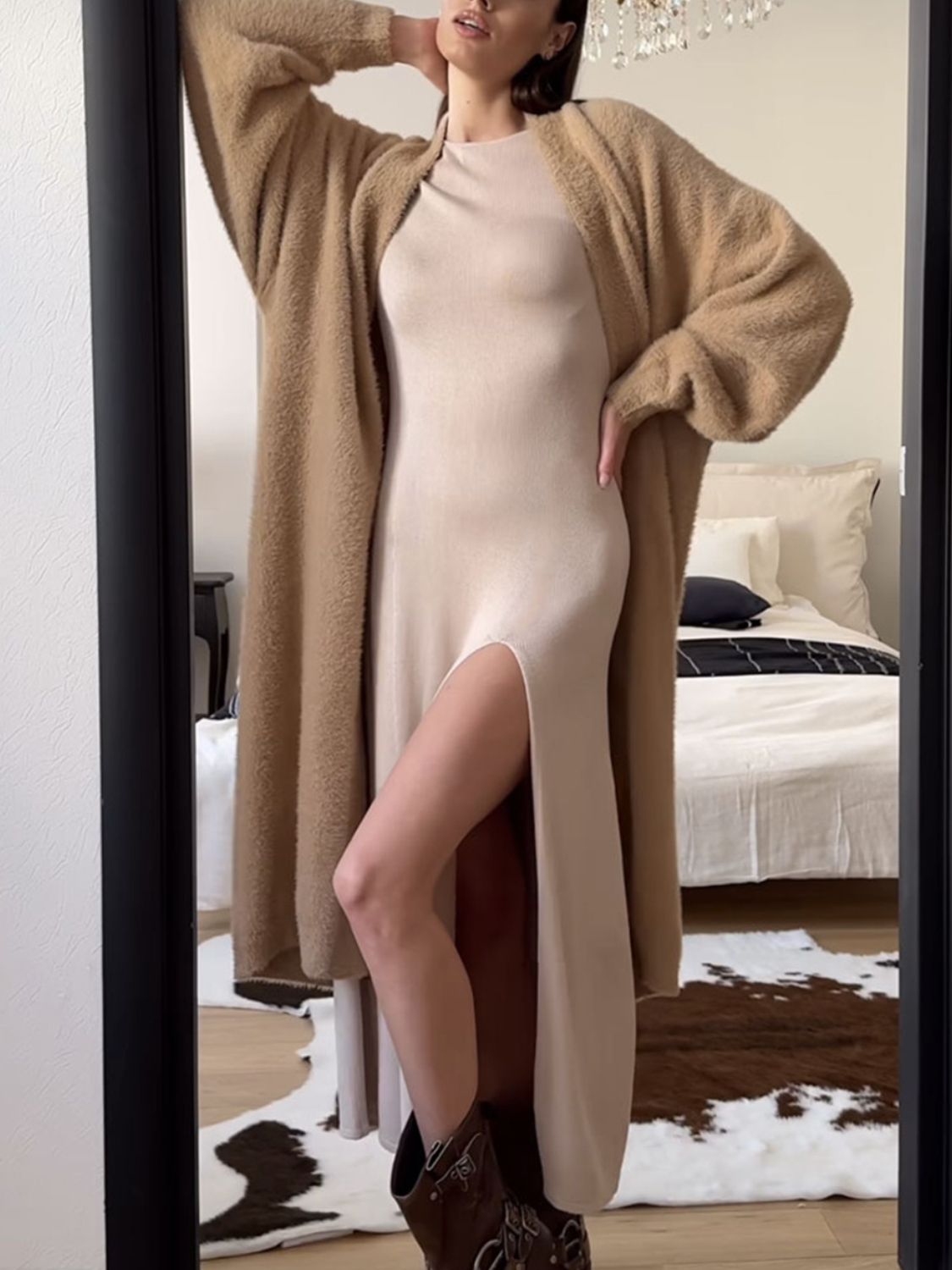 Fuzzy open front solid color cardigan.