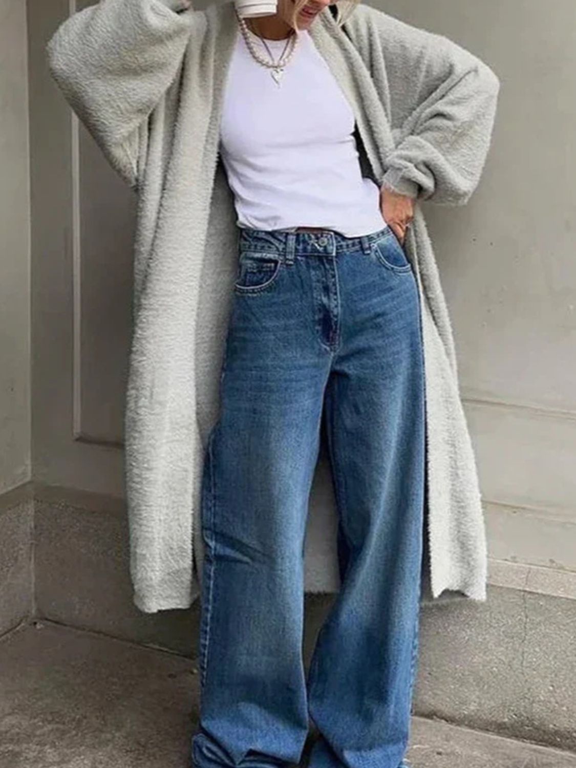 Fuzzy open front solid color cardigan.