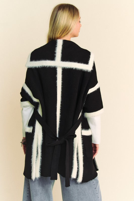 Fuzzy trim open front loose fit cardigan with tie and slit pockets.