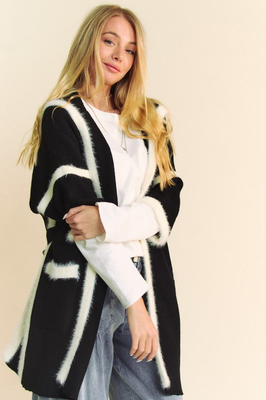 Fuzzy trim open front loose fit cardigan with tie and slit pockets.