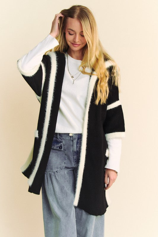 Fuzzy trim open front loose fit cardigan with tie and slit pockets.