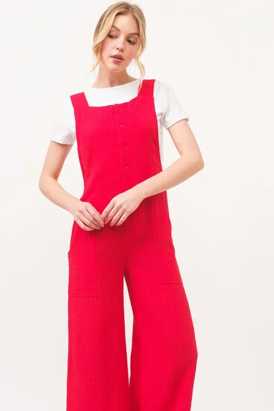 Gauze Loose Fit Tied Back Overalls with Buttons and Pockets.