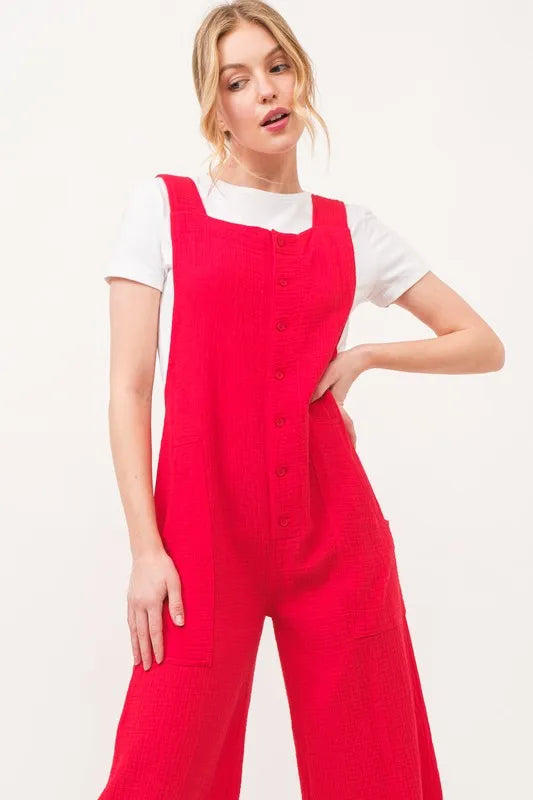 Gauze Loose Fit Tied Back Overalls with Buttons and Pockets.