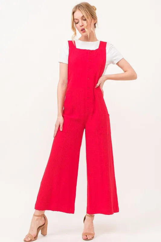Gauze Loose Fit Tied Back Overalls with Buttons and Pockets.