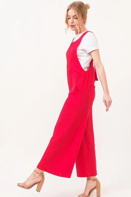 Gauze Loose Fit Tied Back Overalls with Buttons and Pockets.