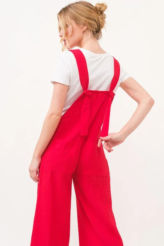 Gauze Loose Fit Tied Back Overalls with Buttons and Pockets.
