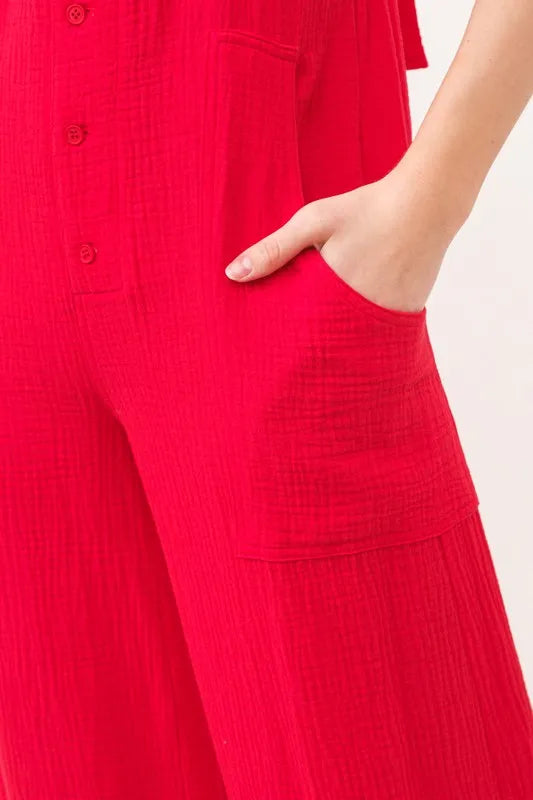 Gauze Loose Fit Tied Back Overalls with Buttons and Pockets.