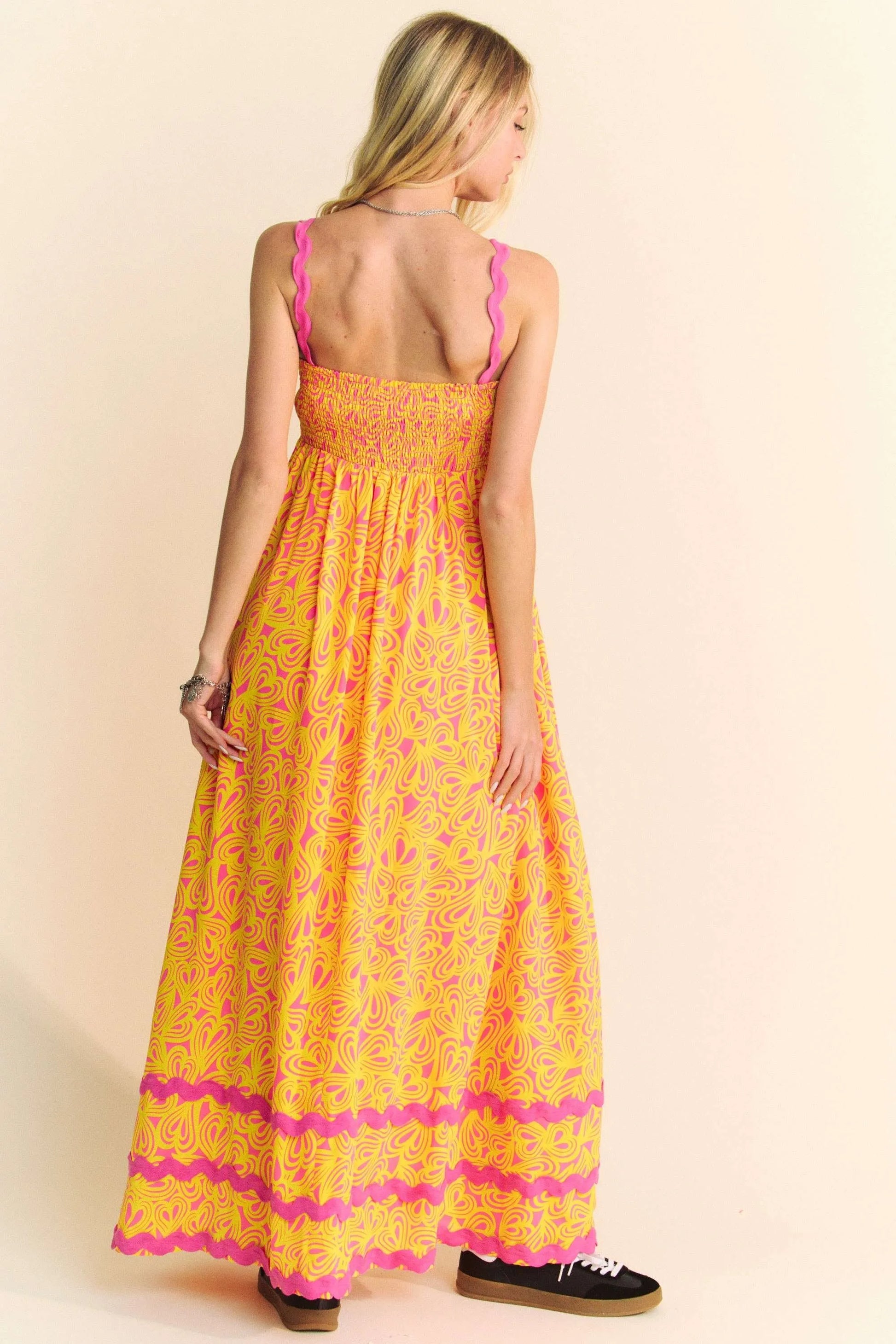Davi & Dani Geo 2 Tone Printed Wavi Trim Tiered Maxi Dress.