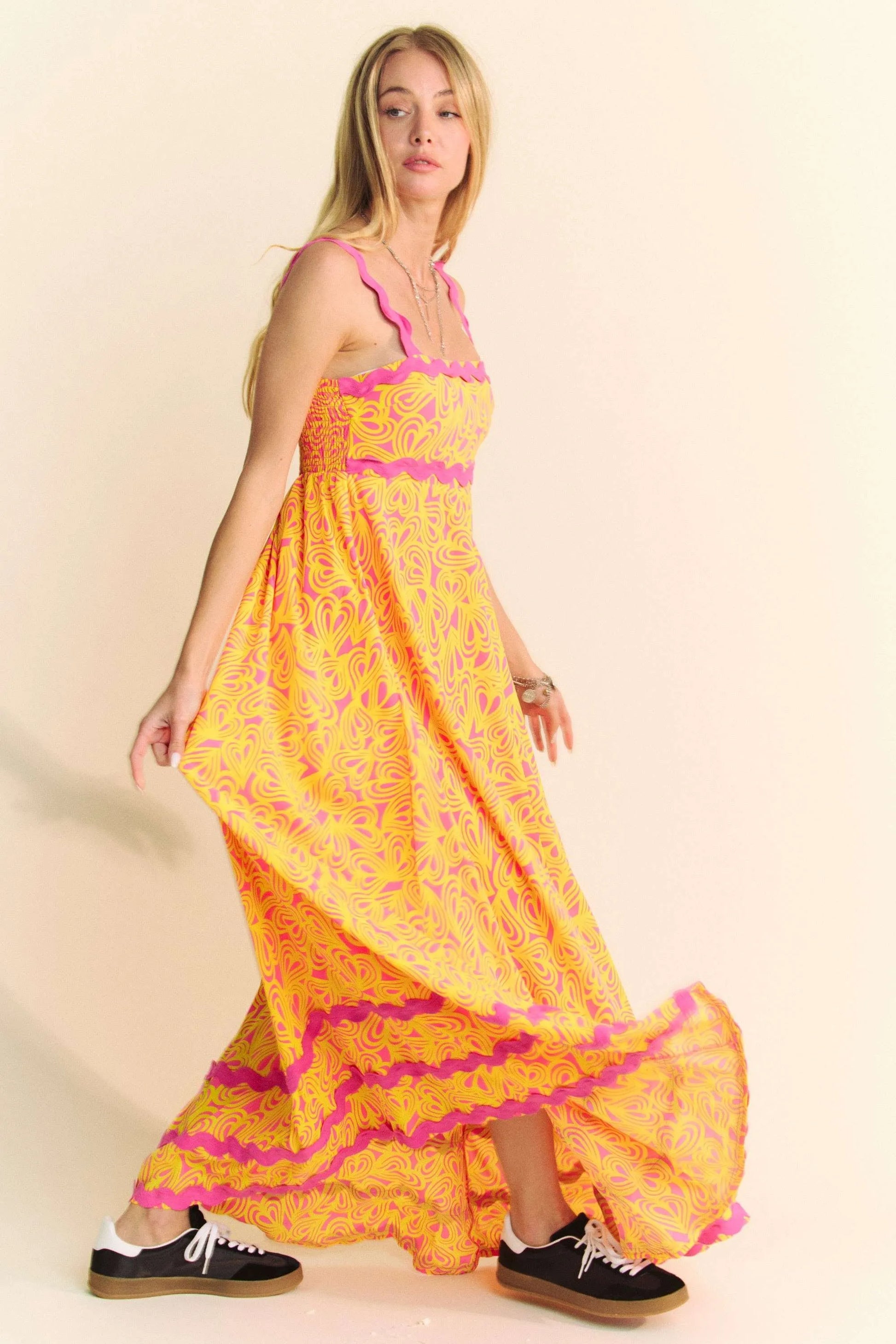 Davi & Dani Geo 2 Tone Printed Wavi Trim Tiered Maxi Dress.