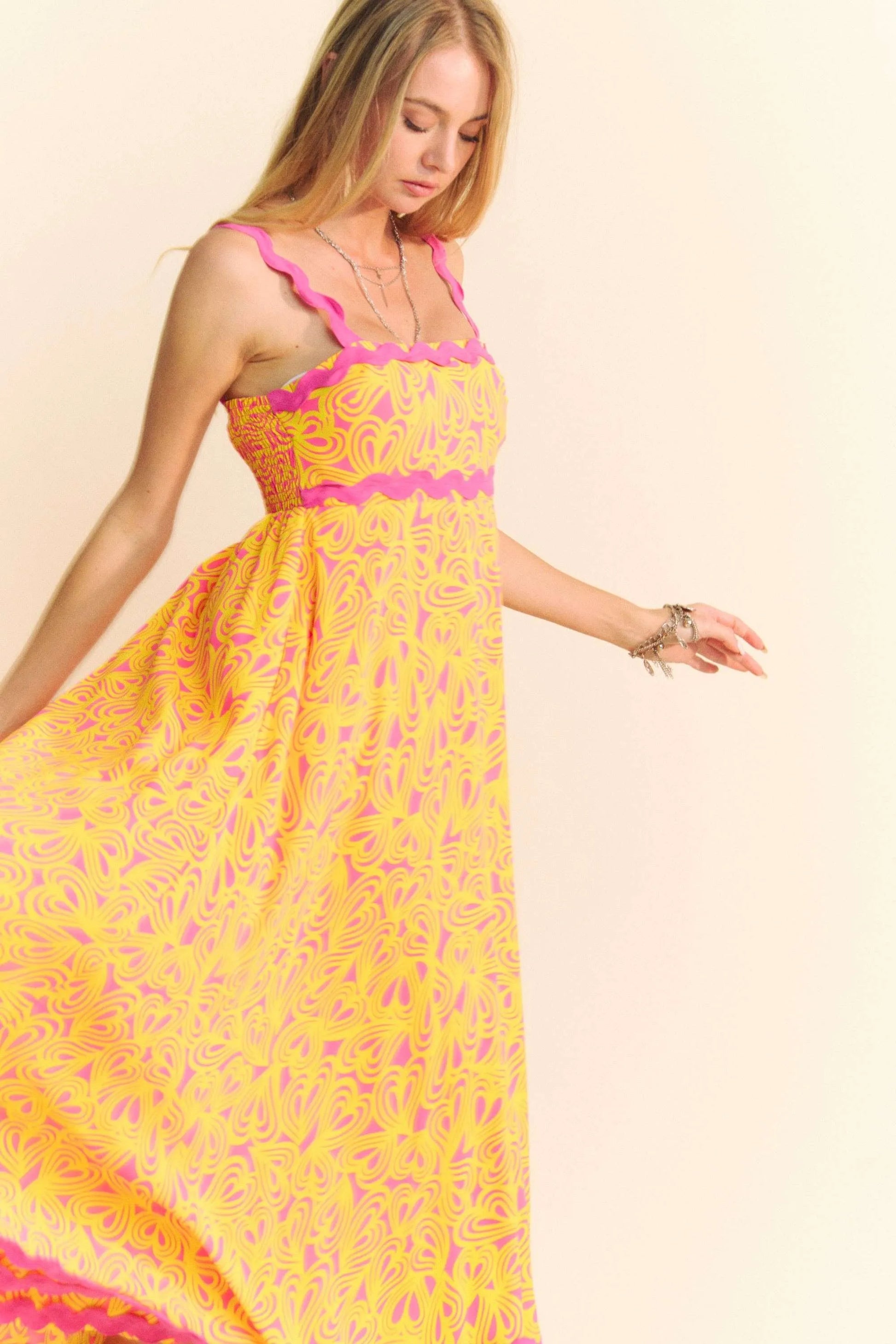 Davi & Dani Geo 2 Tone Printed Wavi Trim Tiered Maxi Dress.