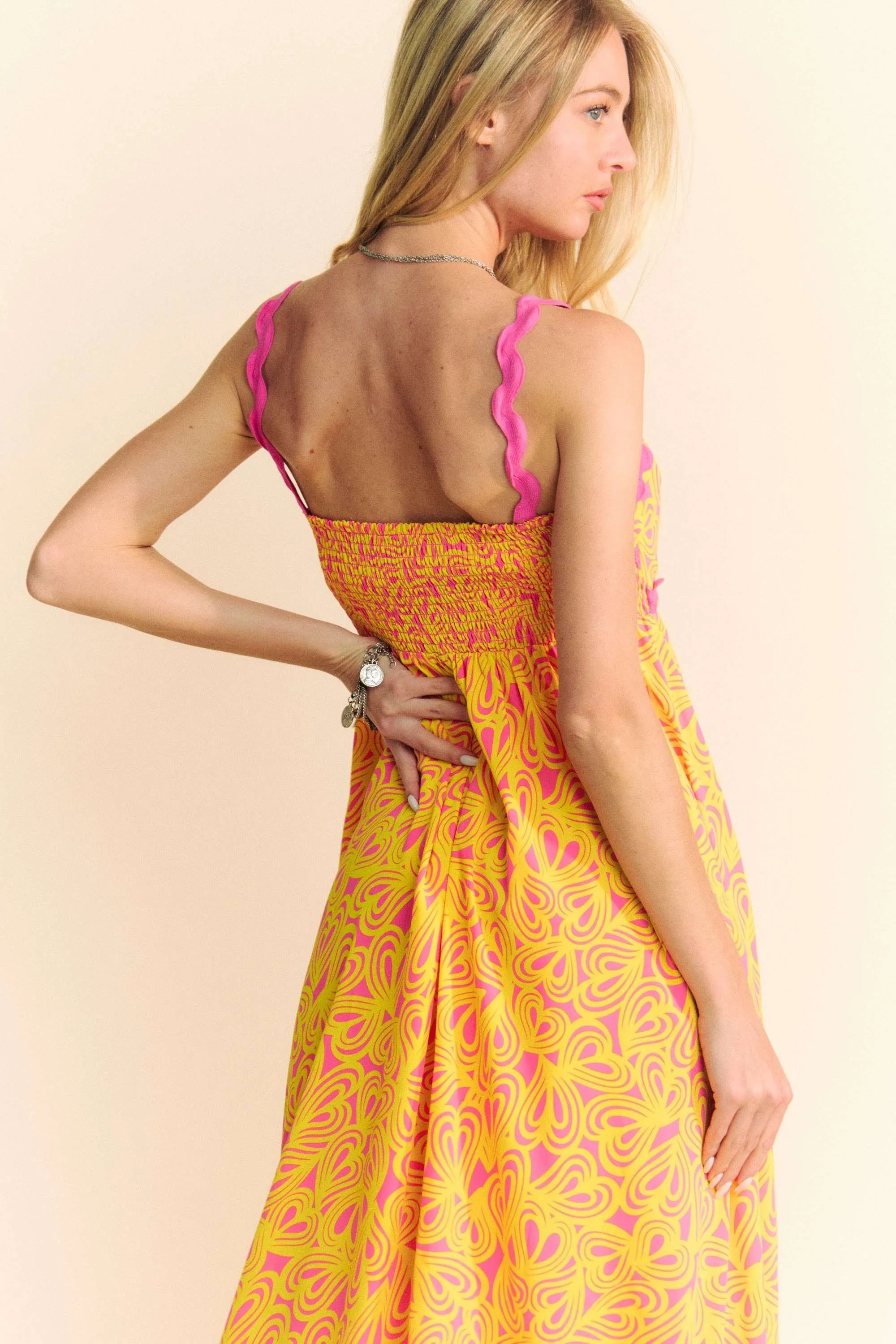 Davi & Dani Geo 2 Tone Printed Wavi Trim Tiered Maxi Dress.