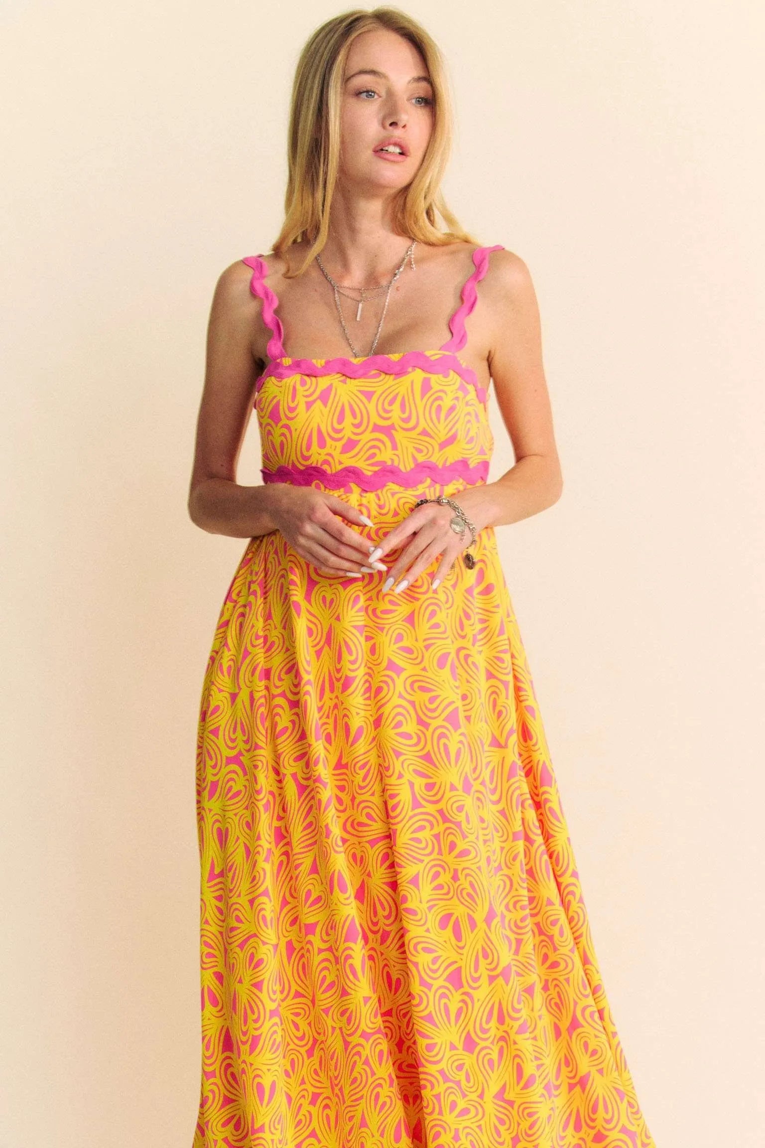 Davi & Dani Geo 2 Tone Printed Wavi Trim Tiered Maxi Dress.