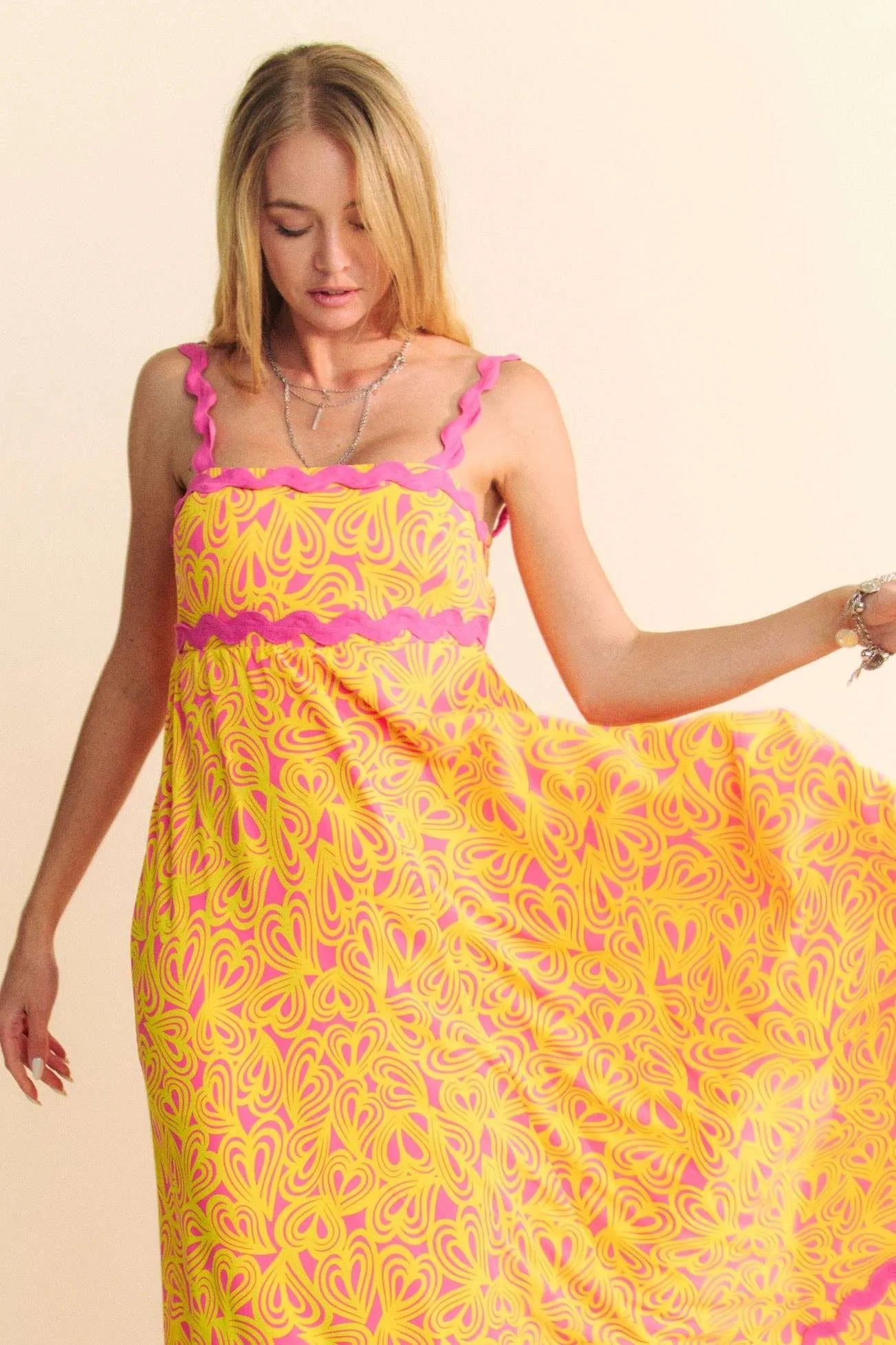 Davi & Dani Geo 2 Tone Printed Wavi Trim Tiered Maxi Dress.