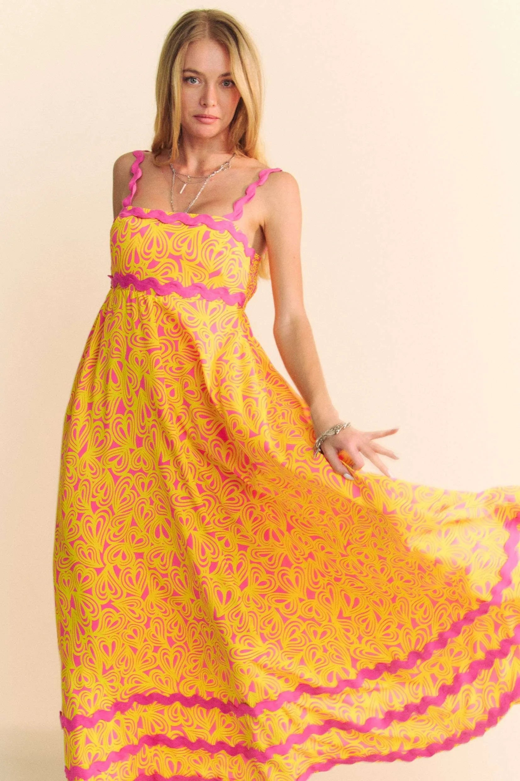 Davi & Dani Geo 2 Tone Printed Wavi Trim Tiered Maxi Dress.