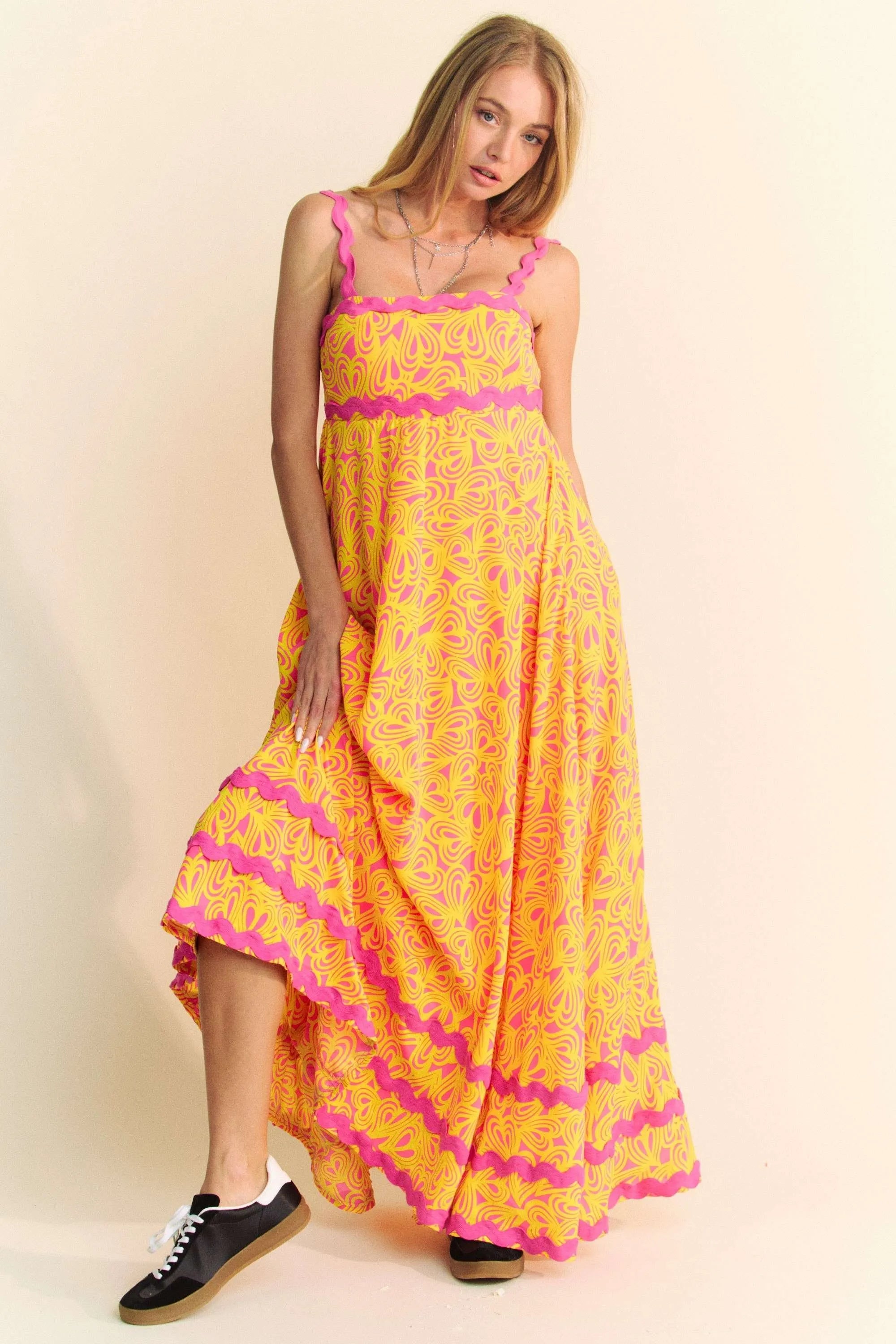 Davi & Dani Geo 2 Tone Printed Wavi Trim Tiered Maxi Dress.