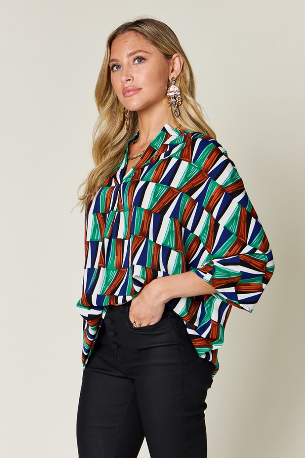 Double Take full size geometric notched dolman sleeve top.