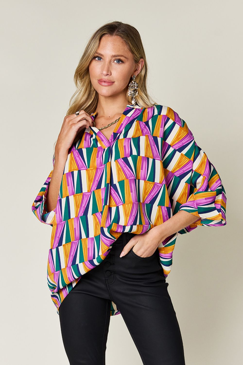 Double Take full size geometric notched dolman sleeve top.