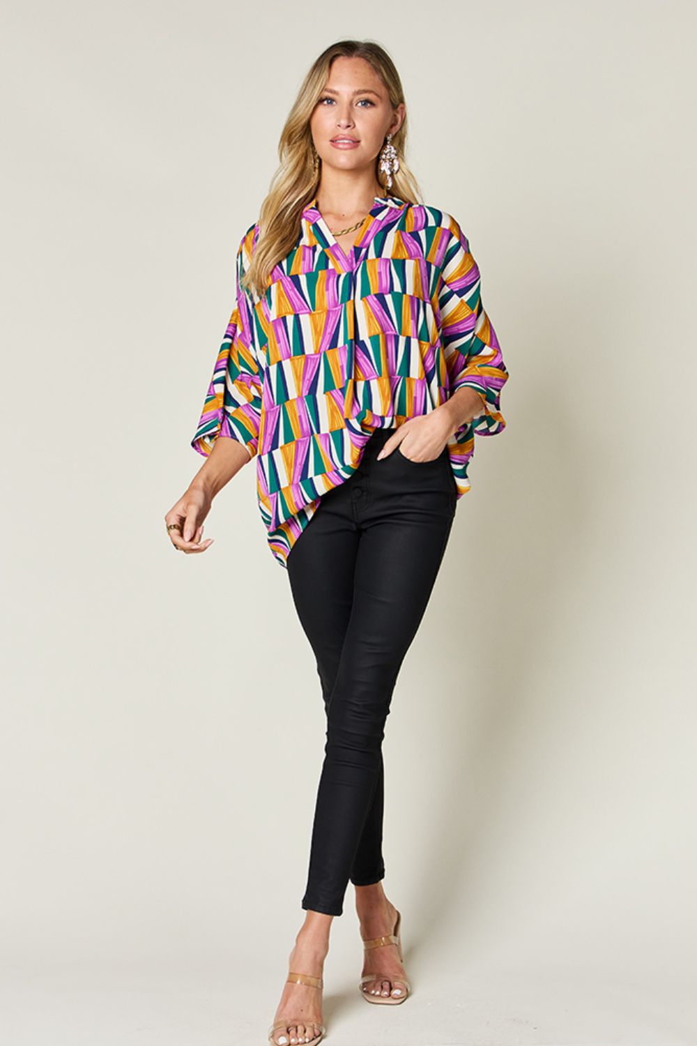 Double Take full size geometric notched dolman sleeve top.