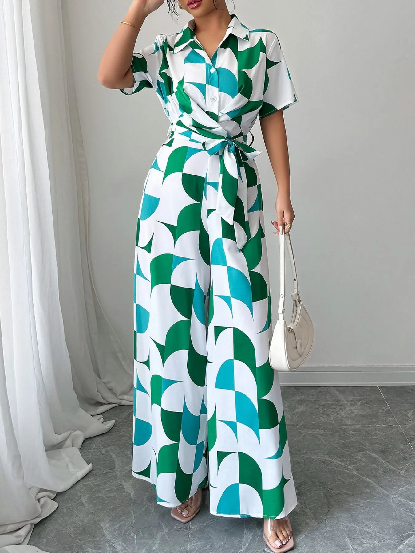 Geometric Print Belted Wide Leg Jumpsuit