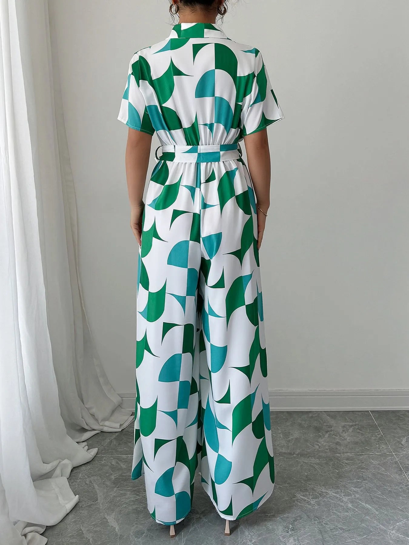 Geometric Print Belted Wide Leg Jumpsuit