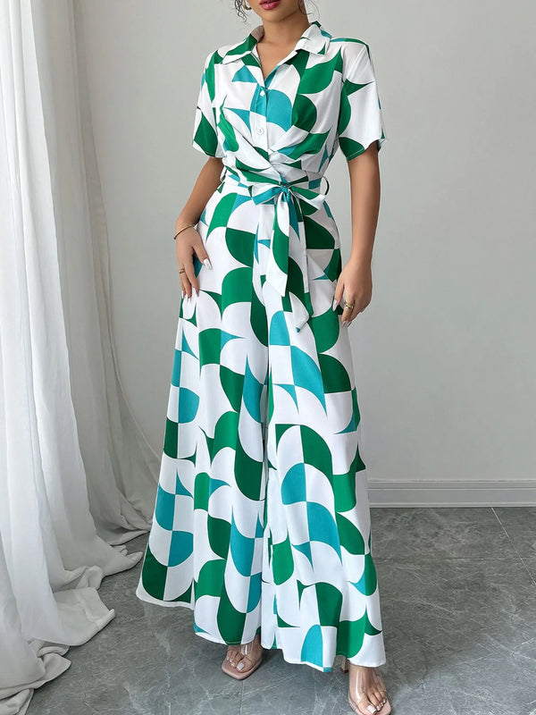 Geometric Print Belted Wide Leg Jumpsuit
