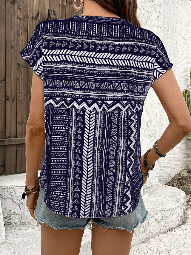 Geometric Print Short Sleeve Blouse.