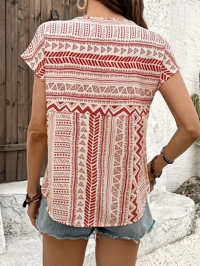 Geometric Print Short Sleeve Blouse.