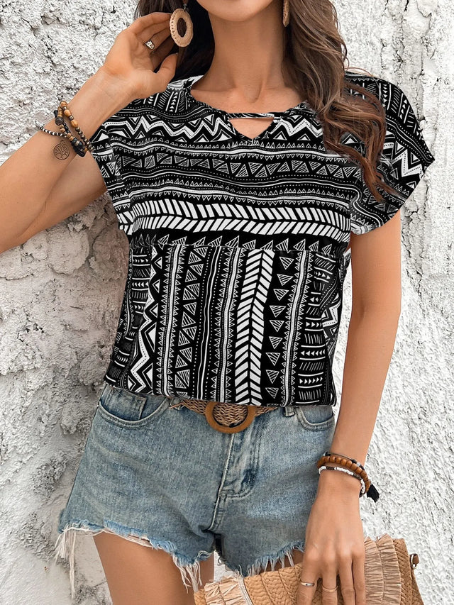 Geometric Print Short Sleeve Blouse.