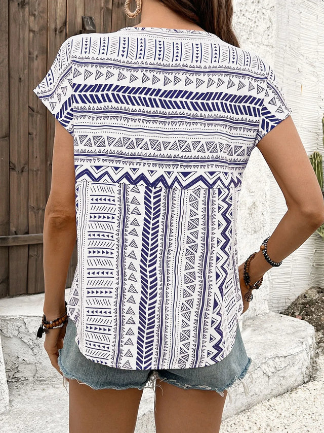 Geometric Print Short Sleeve Blouse.