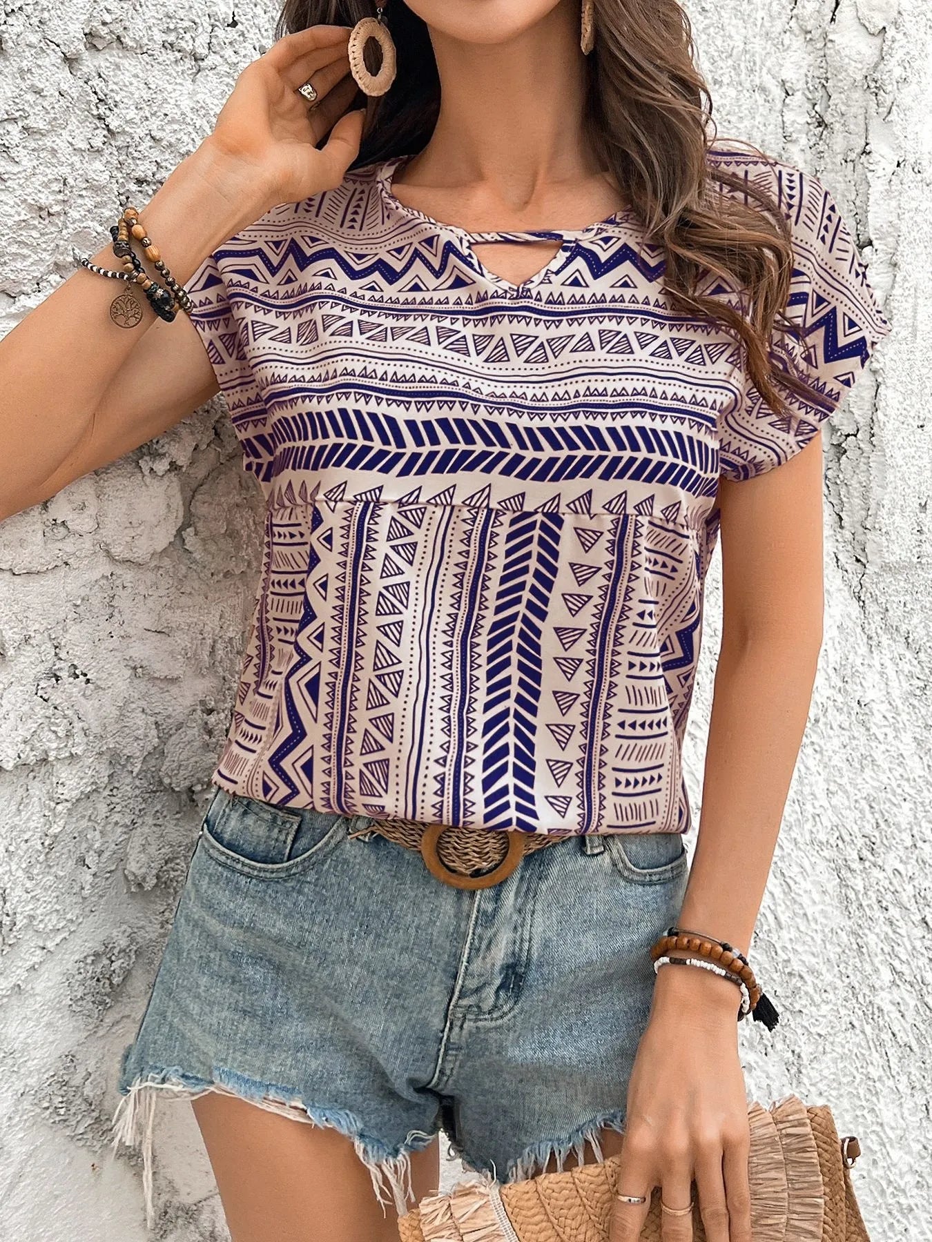 Geometric Print Short Sleeve Blouse.