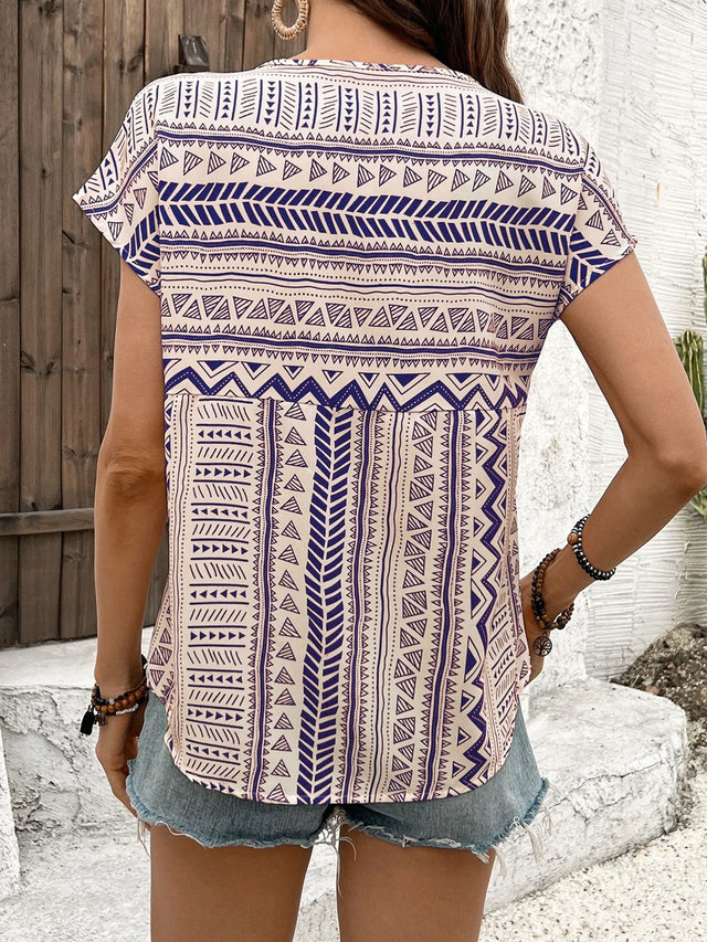 Geometric Print Short Sleeve Blouse.